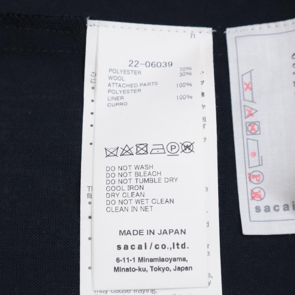 sacai 22-06039 22Stainless Steel Black Suiting Mix Shirt Sleeveless Shirt Blouse tops 1 blackUsed