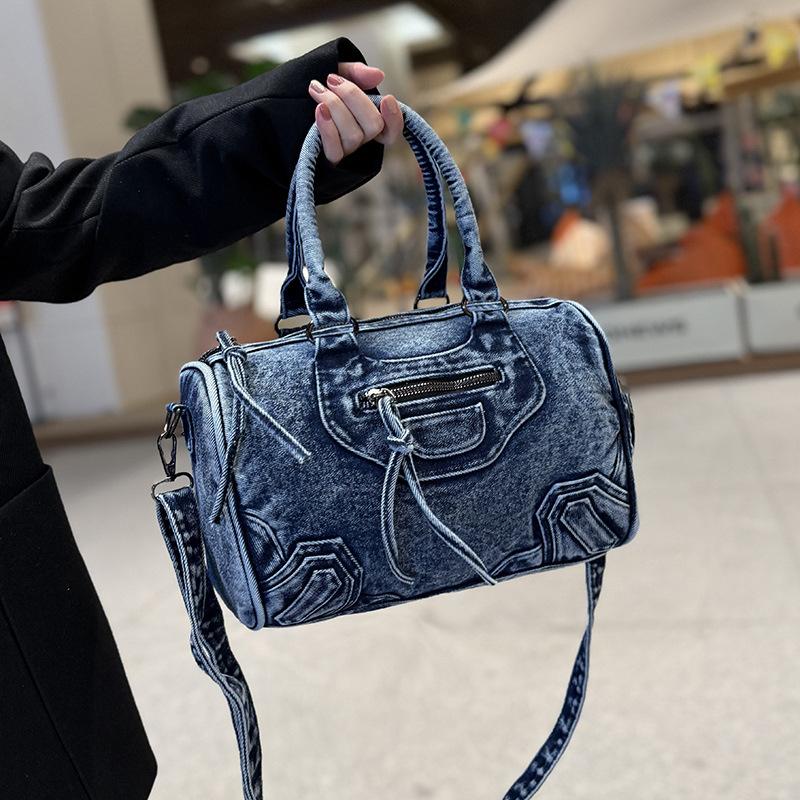 European and American Motorcycle Bag Handbag, Women's Retro Washed Denim Splicing, Flow Su Large Capacity Single Shoulder Crossbody Bag