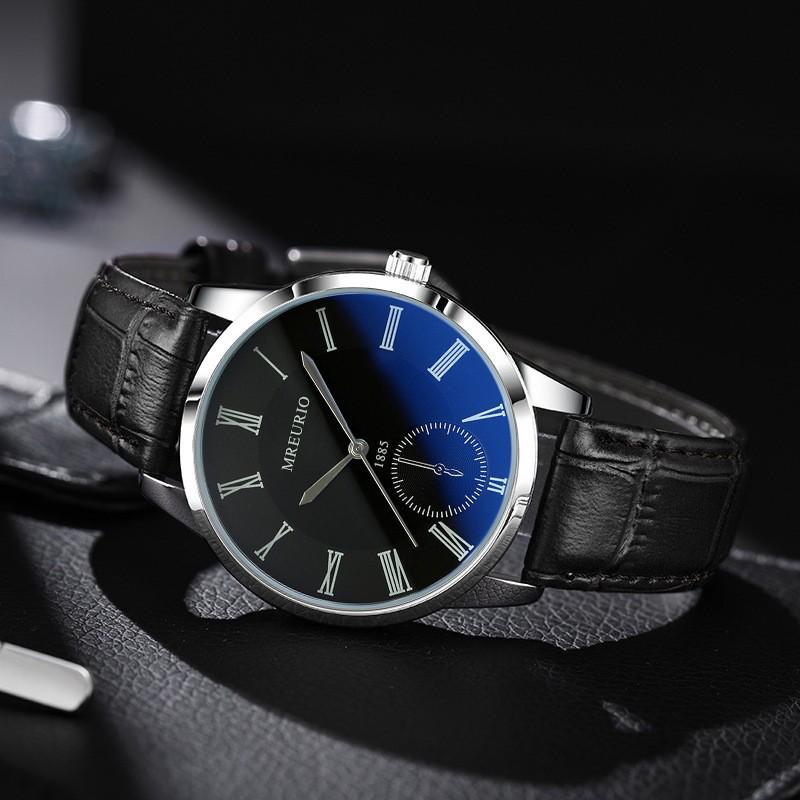 Men's Blue Leather Strap Fashion Wristwatch