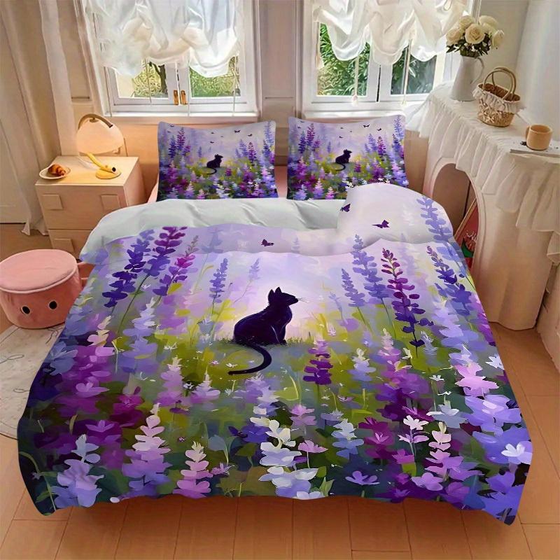 3Pcs Purple Flower Field Printed Bedding Set, Breathable And Soft,(Includes 1 Duvet Cover And 2 Pillowcases, Quilt Not Included) yy250815201