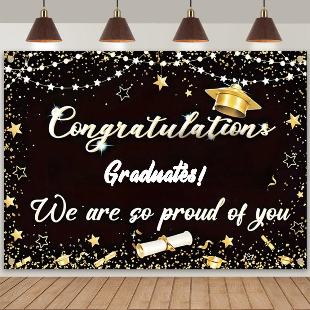 Abschlussfoto-Hintergrund, Glückwünsche, Abschlussfeier, Abschlusskappe mit gold-schwarzem Pailletten, Plakat mit personalisiertem Text, Banner