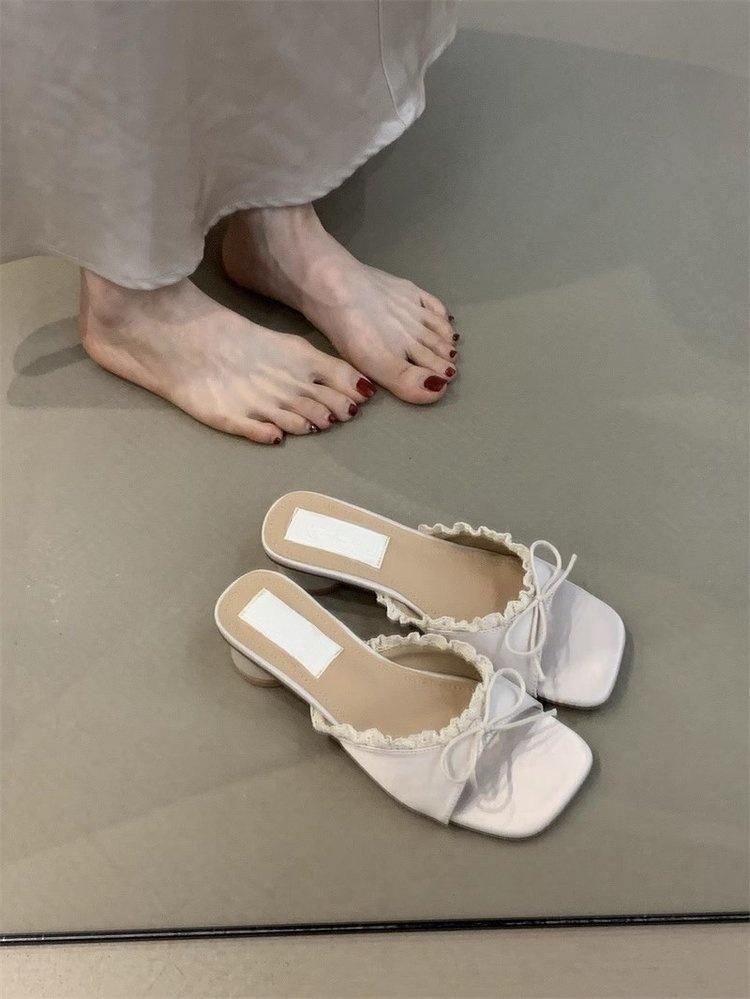 Retro bow one-word slippers women wear thick heel cool slippers