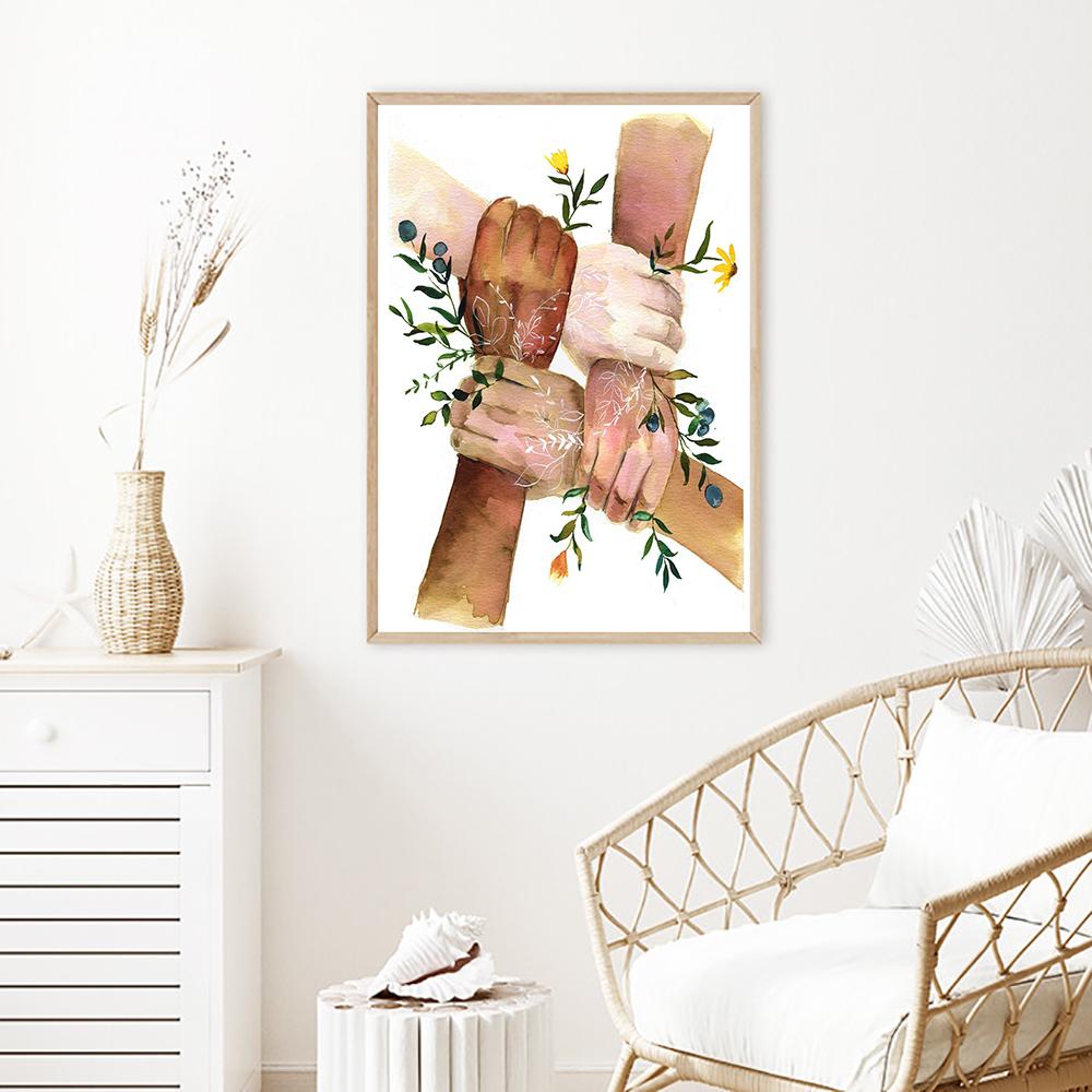 Strong Together Hand Wall Art Black White Yellow Skin Flower Abstract Poster Canvas Print Nordic Wall Pictures Room Decoration