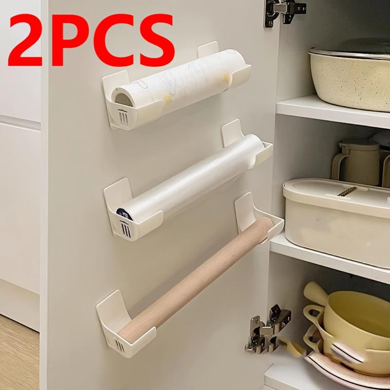 2pcs White Adjustable No-Drill Kitchen Storage Rack | Plastic Organizer Suitable for Cling Film, Trash Bags - Space-Saving Cabinet