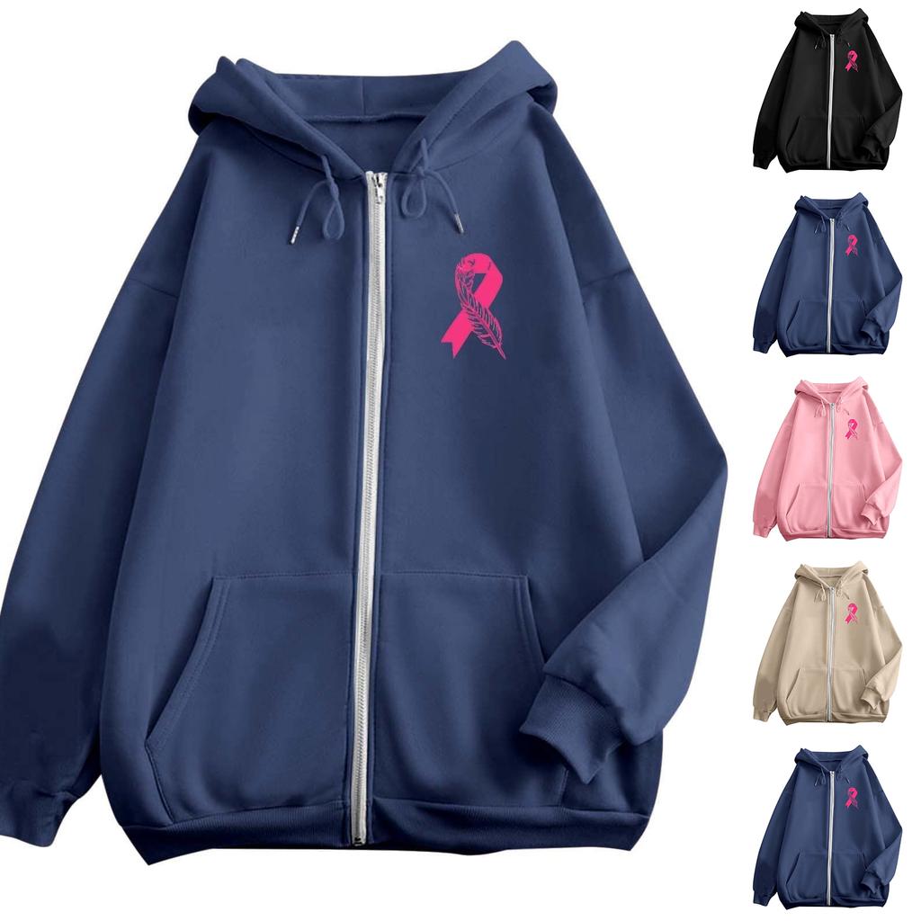 Women's Breast Sweatshirt Ribbon Breast Long Sleeve Hooded Pocket Casual Sweatshirt Jacket