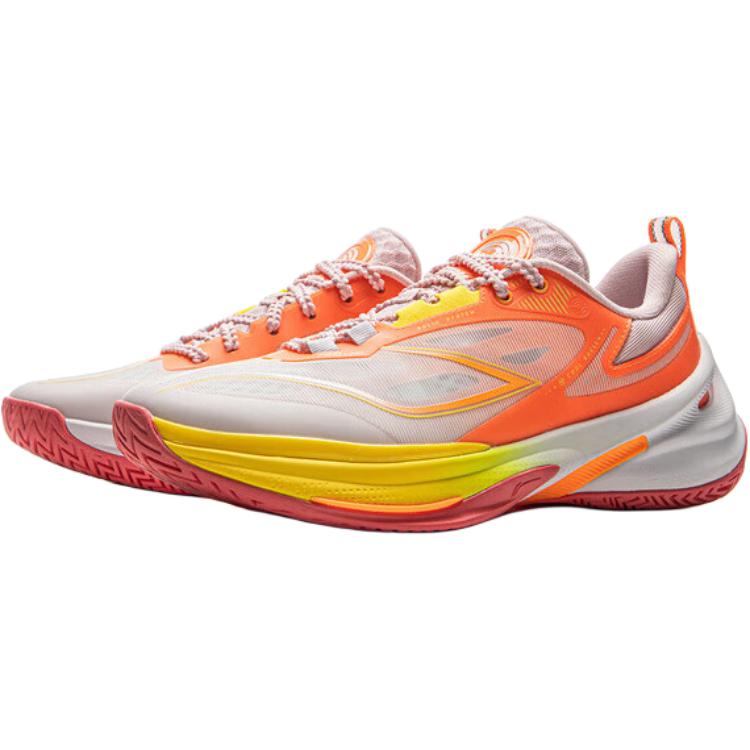 Li Ning Kids Synthetic Leather Fabric Comfortable Versatile Rebound Support Low Top Basketball Shoes Unisex Basketball Shoes White Orange YKBV022-3