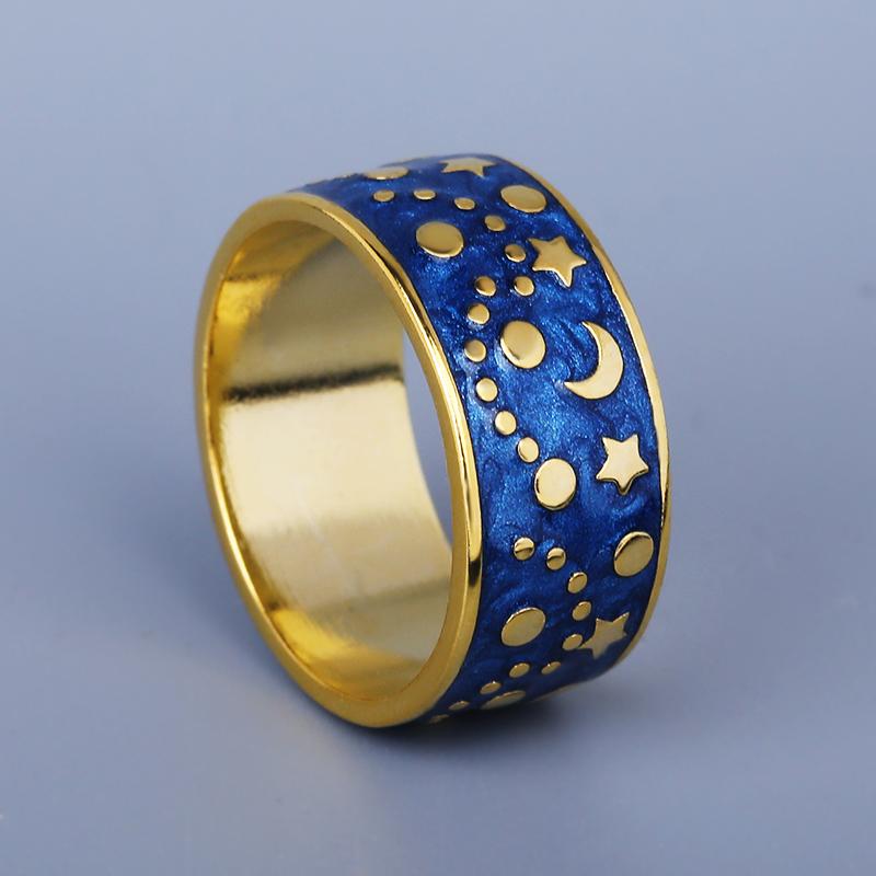 Sterling Silver Creative Design Night Star Moon Ring Handmade Enamel Drip Oil Paint Ladies Jewelry Couple Ring Party Birthda