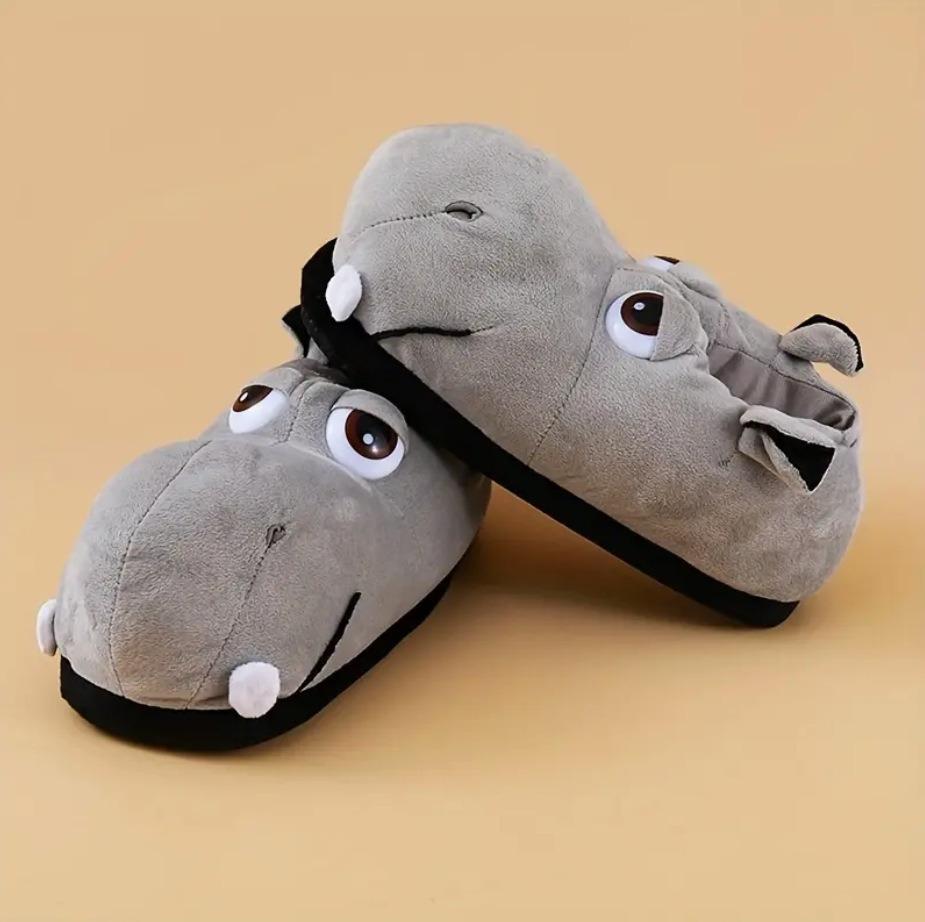 

Милые мультяшные бегемотики, все включено, хлопковые тапочки, зимние домашние теплые нескользящие домашние тапочки серый