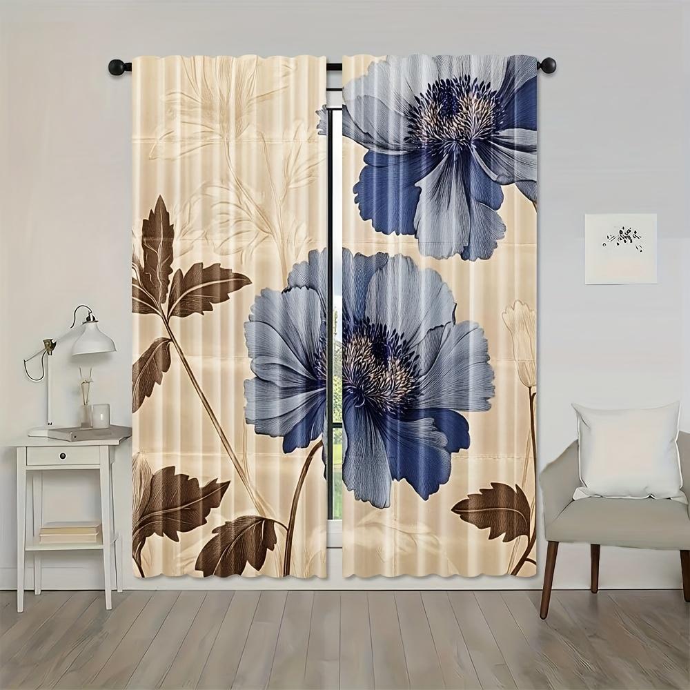 2pcs Elegant Floral Curtains - Light Filtering Semi-Sheer Window Drapes with Navy Blue Floral Pattern   Machine Washable Polyeste