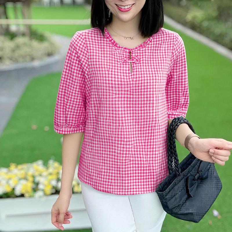 

ZANZEA Женская повседневная блузка с круглым вырезом, рукавом до локтя и клетчатым принтом 5XL темно-розовый