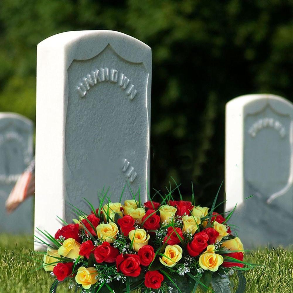 New 24 Heads Artificial Cemetery Flowers Faux Fake Silk Red Blue White Roses Bouquet Grave Decorations for Headstones
