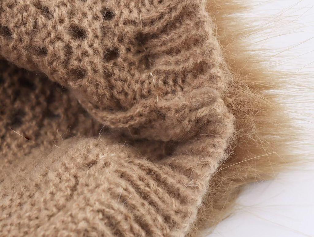 NSSF Handmade Crochet Wave Hem Tie-Waist Furry Women's Pullover Sweater