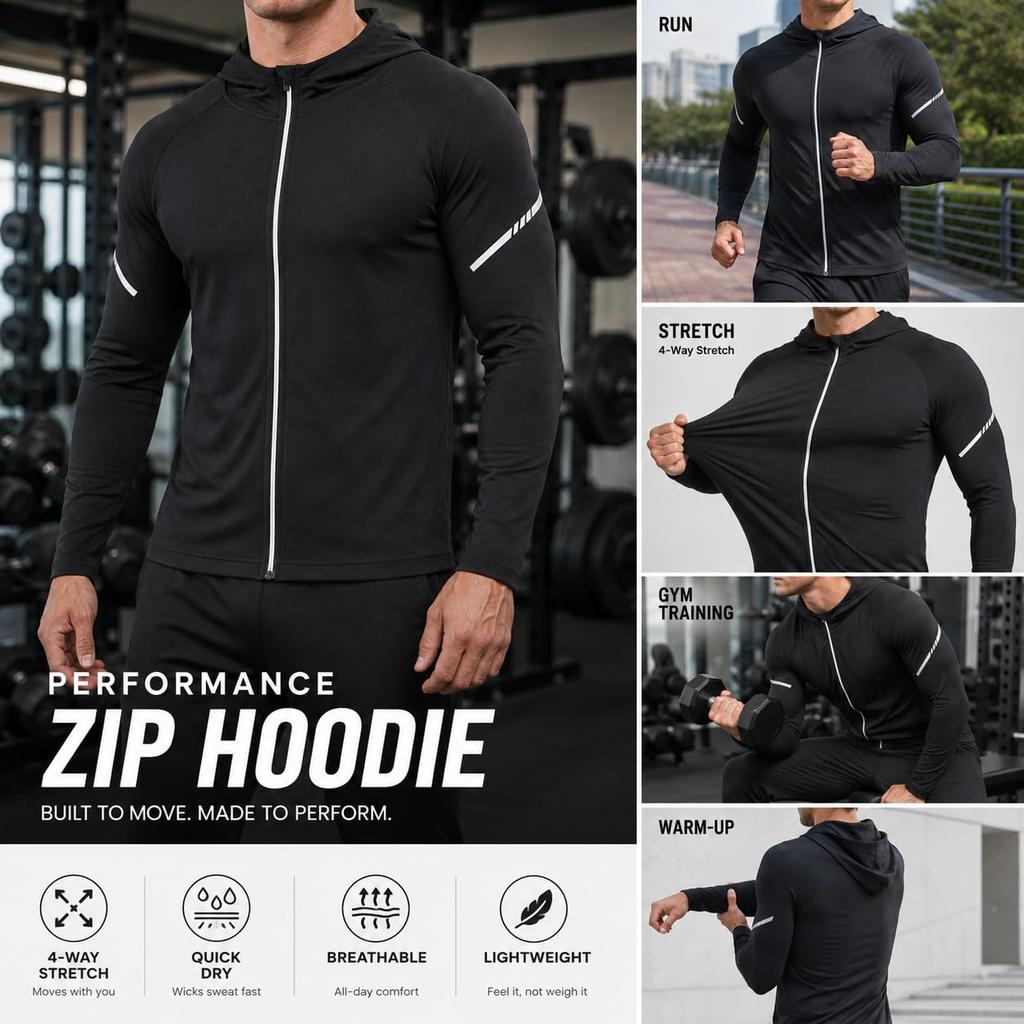 Men's Lightweight Full-Zip Athletic Hoodie, Quick-Dry Stretch Sports Jacket for Running Gym Hiking and Training