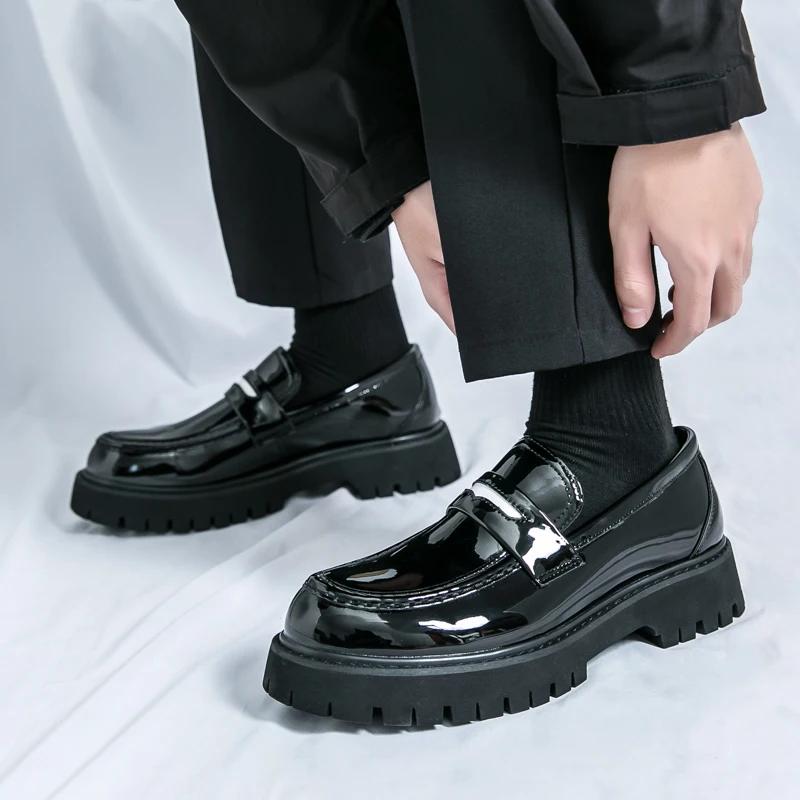 Comfortable Casual Men's Shoes Spring Summer New Style Thick Heel Slip-On Large Size Fashionable All-Match Leather Shoes