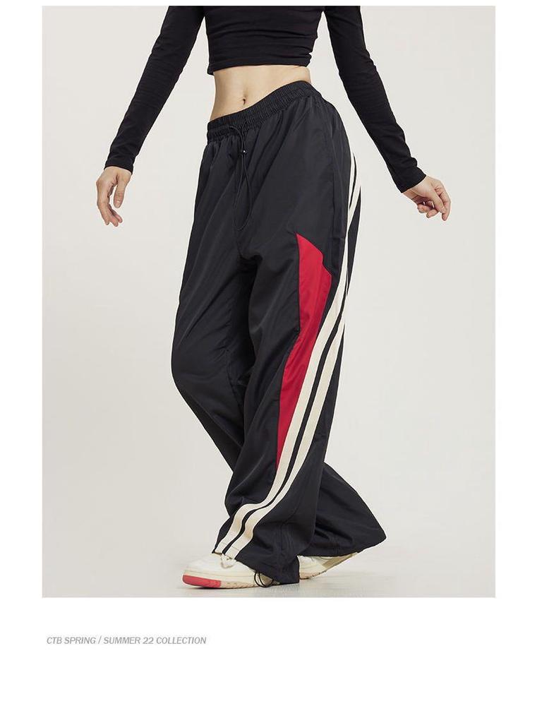 Amerikanische Harajuku Retro Jogginghose - Elastischer Bund Patchwork Hohe Taille Weites Bein