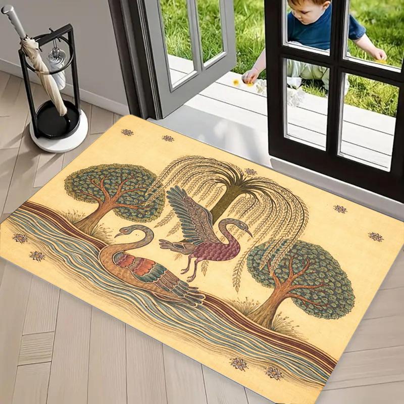 Whimsical Four Seasons Tree Print Doormat, Folk Art Floral Floor Mat for Entryway Bathroom, Rustic Boho Home Decor Carpet