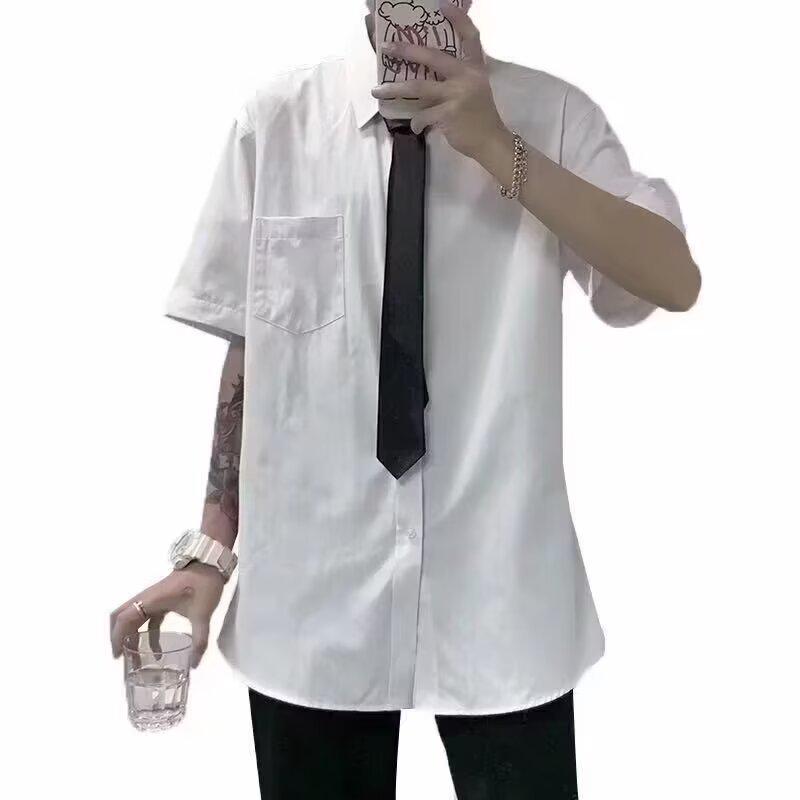 Men's White Korean Style Short-Sleeved Casual Shirt - Loose Fit, Trendy Hong Kong Style Student Class Uniform