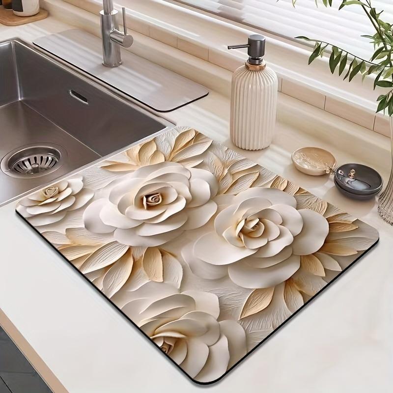 3D Pink Flower Dish Drying Mats Super Absorbent Diatom Mud Rug Home Coffee Table Decor Mat Kitchen Non Slip Tableware Drain Pad