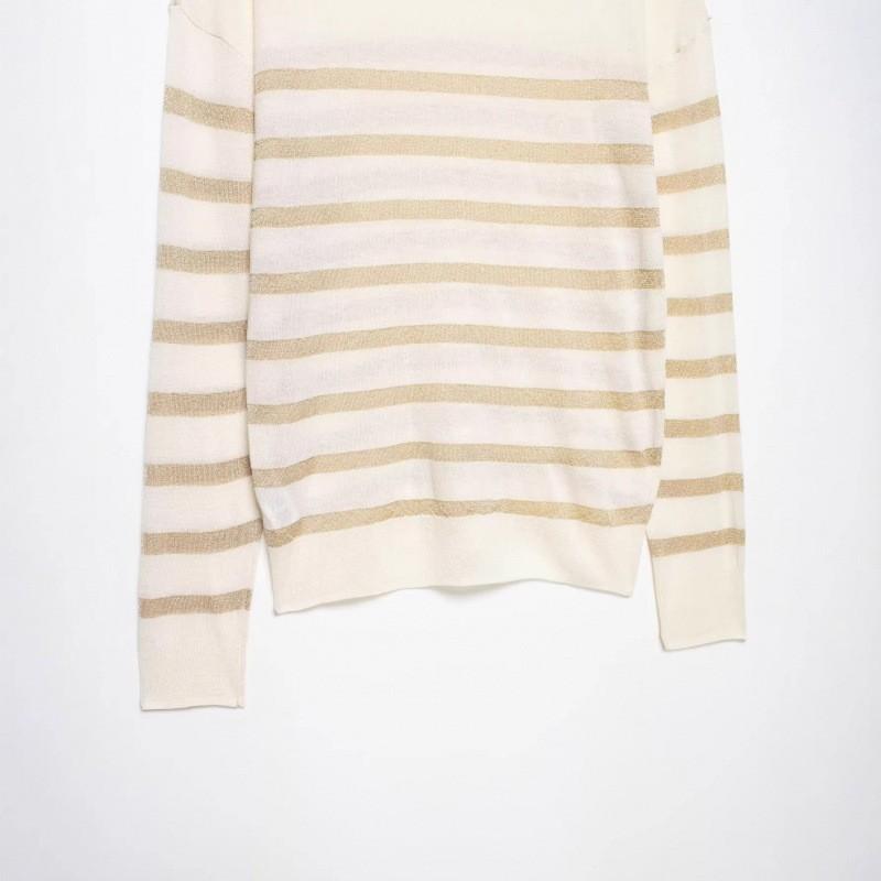 European and American style, new women's clothing, fashionable, versatile, casual metal-colored thread-woven striped knitted sweater