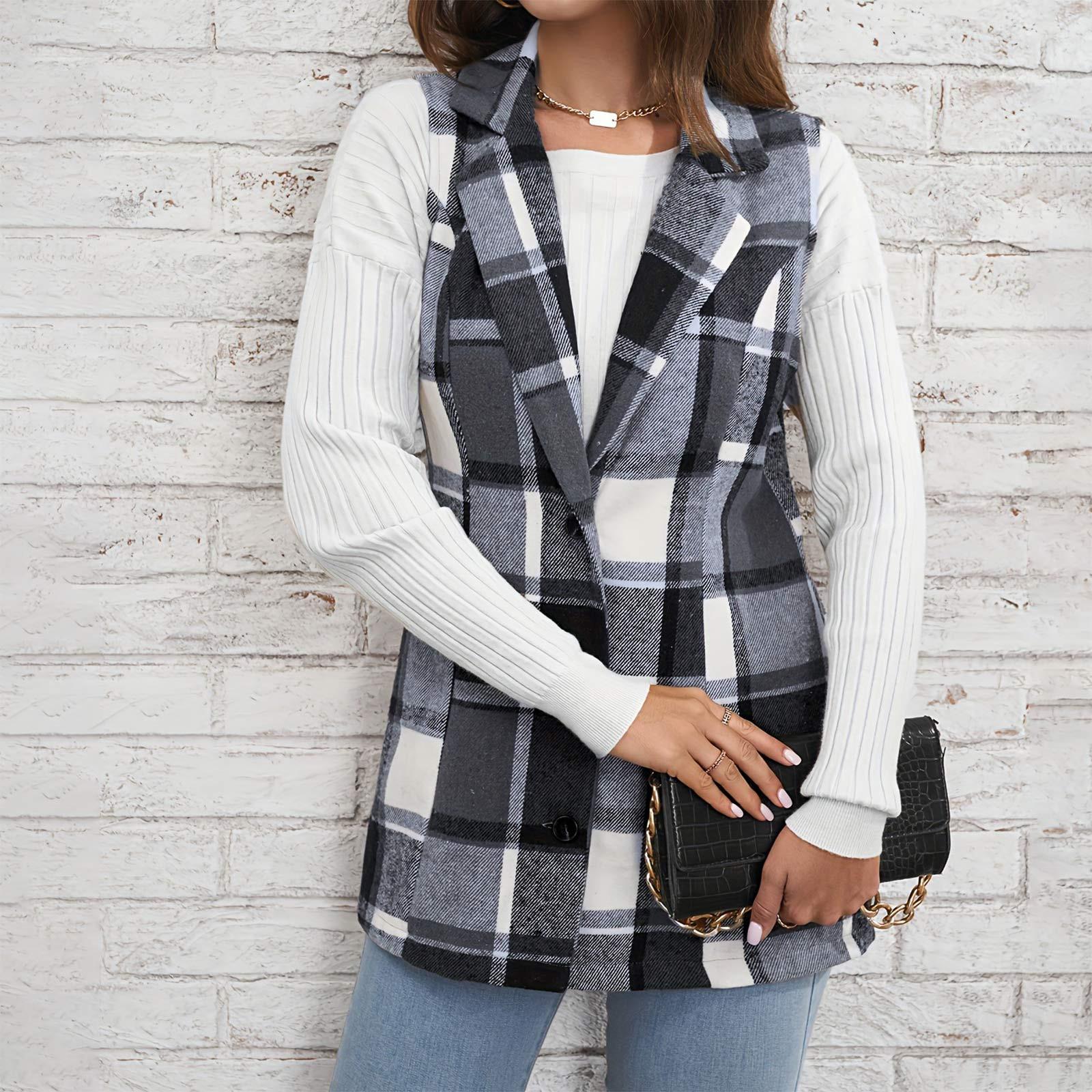 

Модный женский приталенный топ без рукавов с воротником с лацканами, жилет, клетчатая куртка на пуговицах L