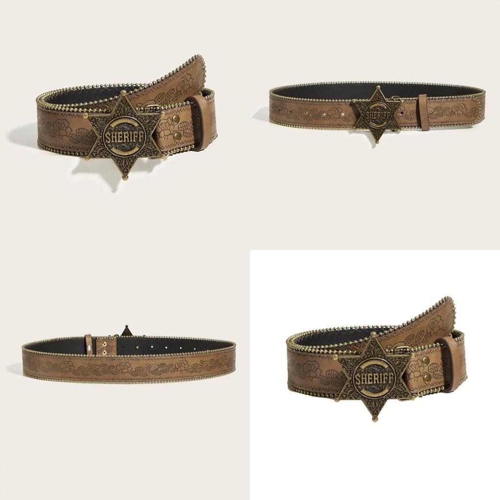 Sheriff Youth Letter Casual Leather Belt Metal Snap Buckle Rivets Daily Wear