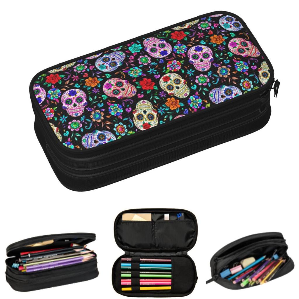 Sugar Skull Mexican Flower Halloween Day Of The Dead Pencil Cases for Students Pen Box Pencil Bag Large Capacity Pencil Pouch