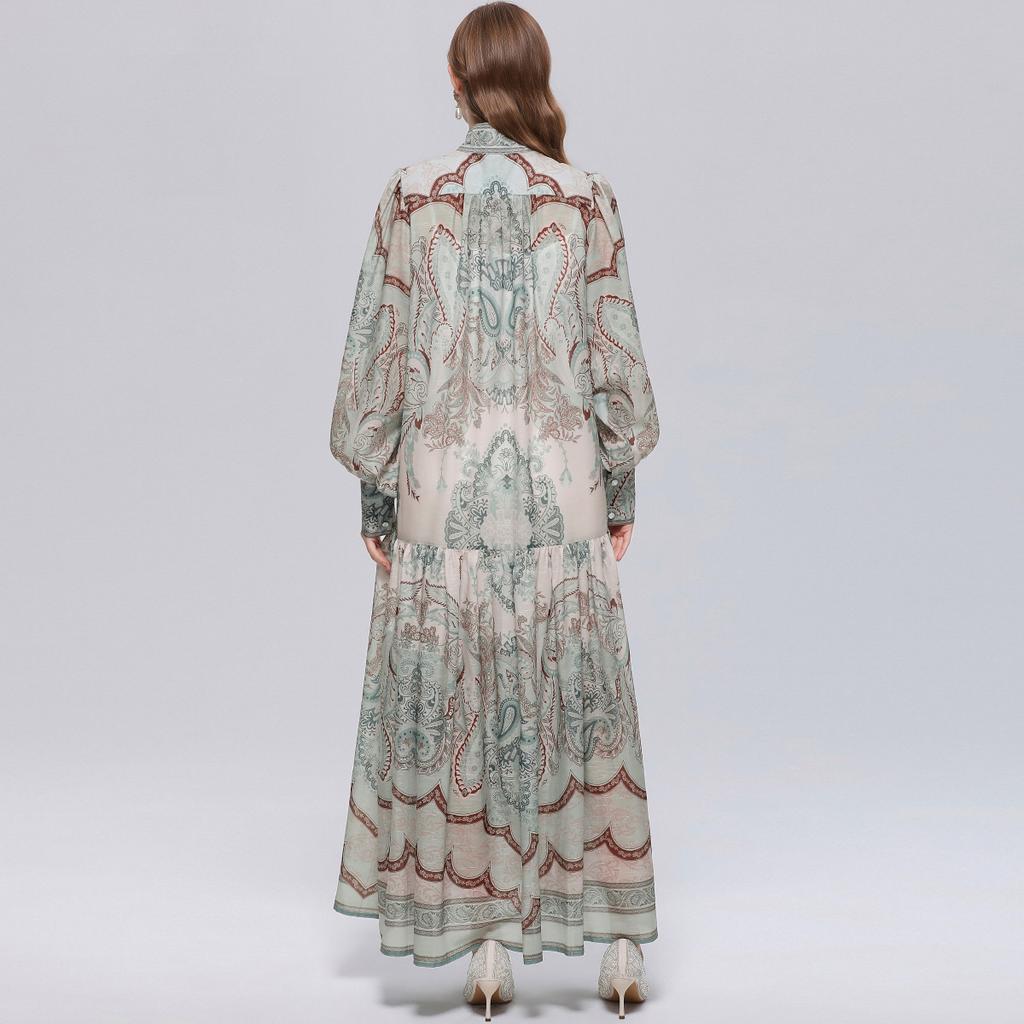 Women's Floral Pattern Printed Stand Collar Lantern Sleeve Holiday Dress Summer Autumn New Fashion Vintage Chiffon Long Maxi Dress
