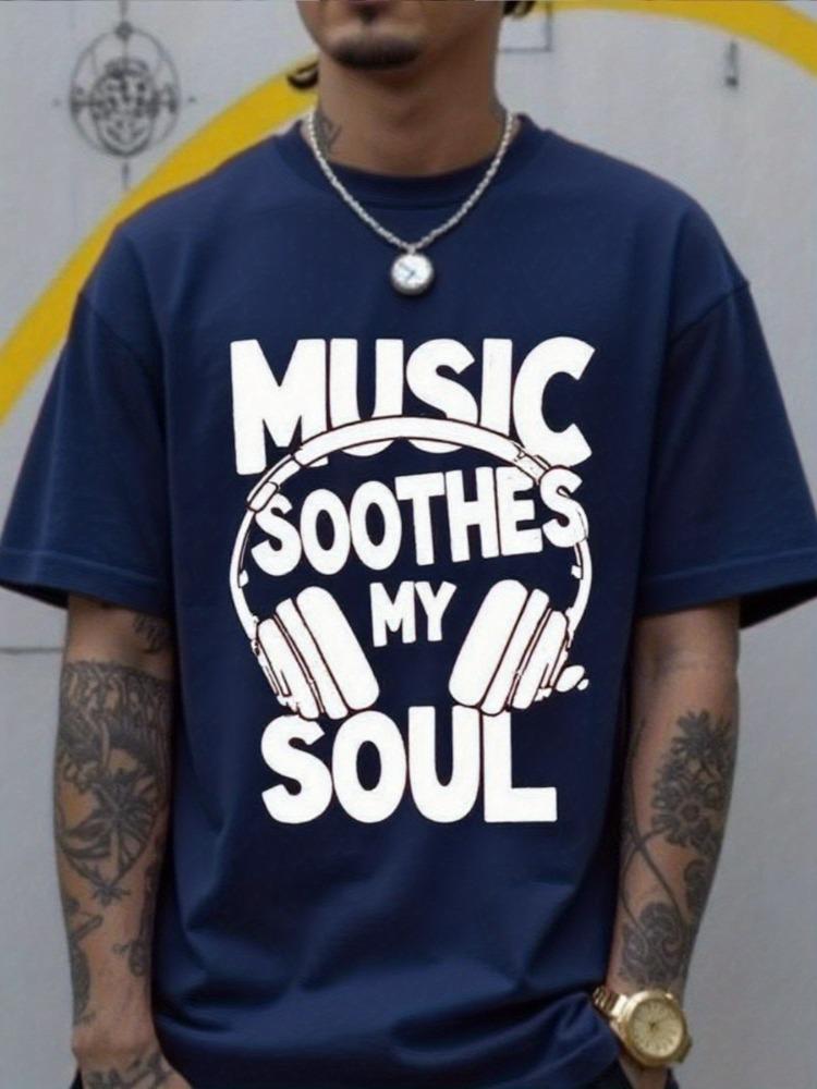 Unisex Summer Cotton Short Sleeve T Shirt Music Soothes My Soul Headphone Letter Print Crew Neck Hip Hop Music Casual Male Tee
