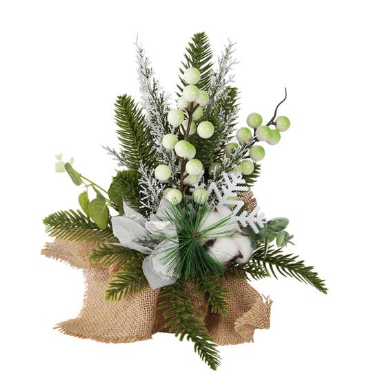 Small Christmas Artificial Plants with Burlap Base Faux Pine Branches with Red Berries/Poinsettias Flower