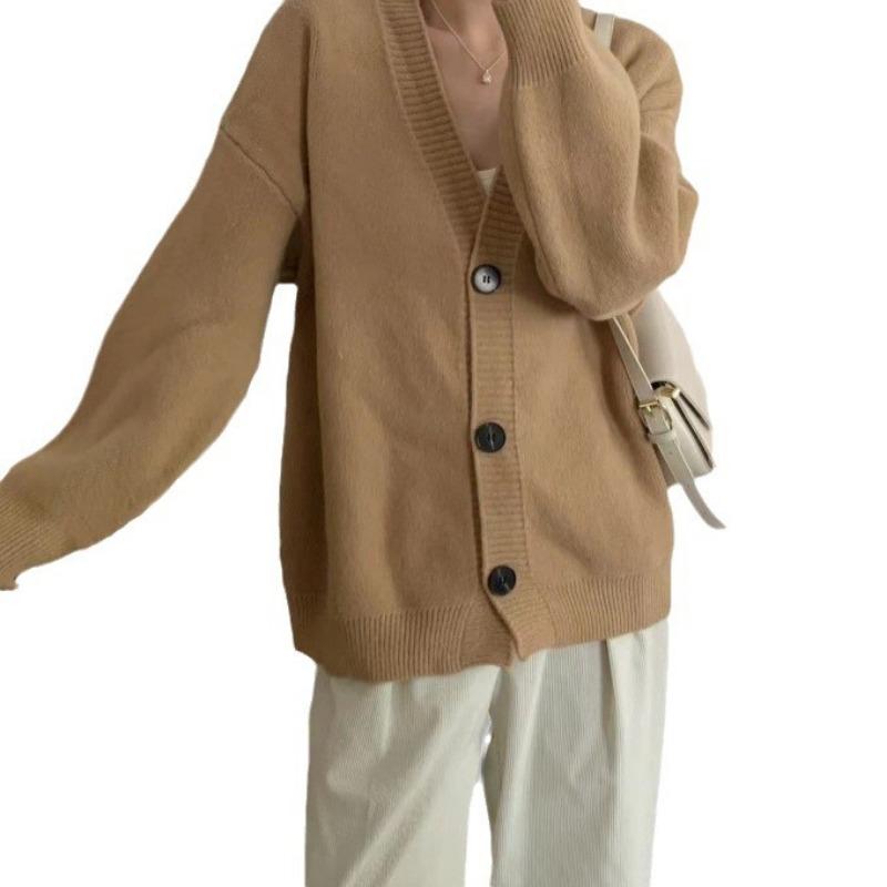 Autumn and Winter New Loose Wind Lazy V-neck Knitted Cardigan Top Women's Solid Color Soft Waxy Casual Versatile Sweater Jacket