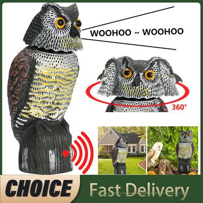 Fake Owl Decoy Plastic Owl Scarecrow Sculpture with Rotating Head and Sound for Garden Yard Bird Repellent Outdoor