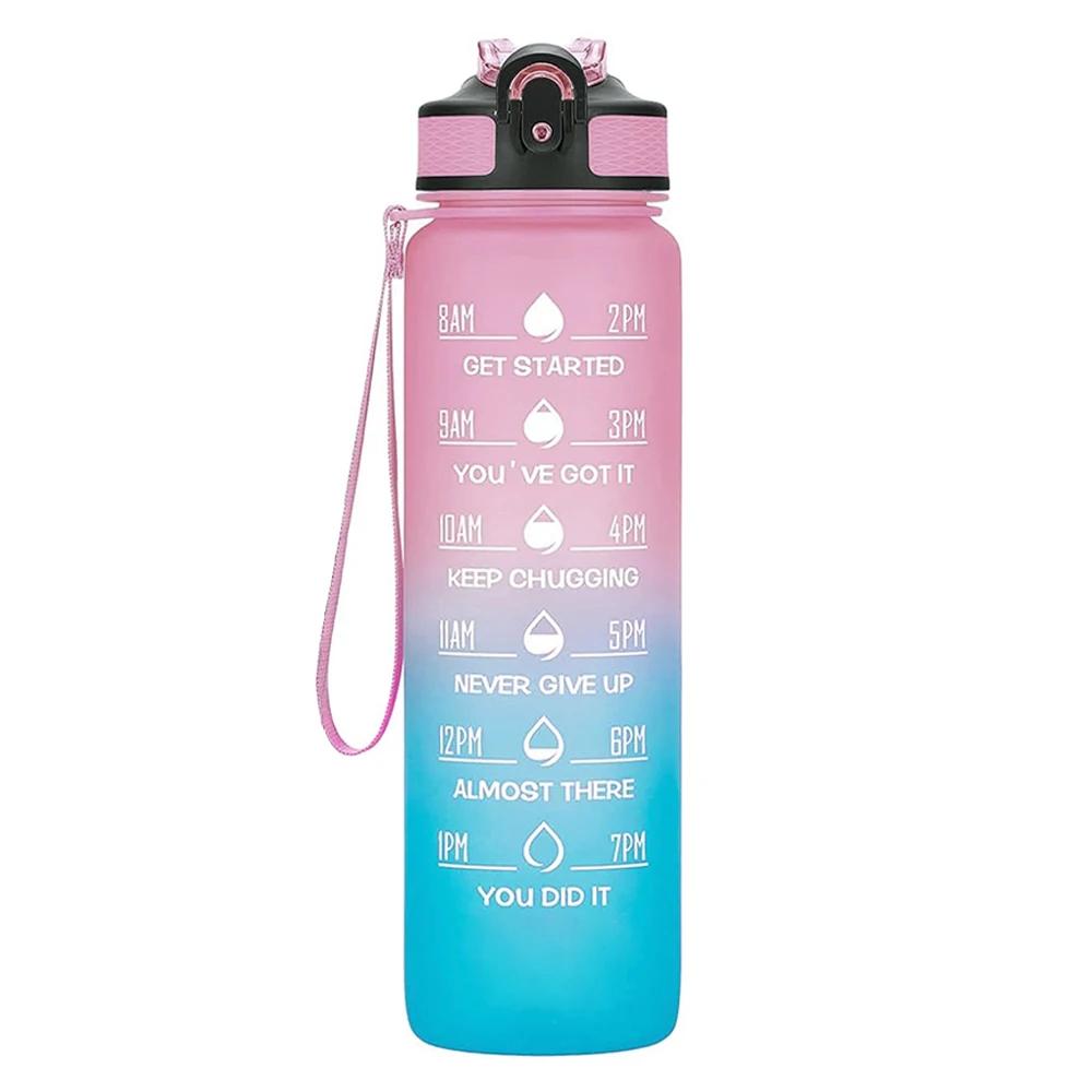 32 oz Auslaufsichere Wasserflaschen mit Trinkzeiten und Strohhalm Motivierende Trink-Sportwasserflasche für Fitnessstudio Outdoor