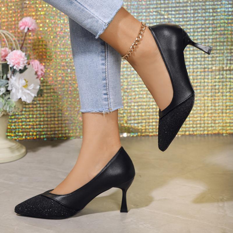 Sequined Pointed Toe Pumps Women Elegant Thin Heels Office Wedding Shoes Woman Plus Size Shallow Mouth High Heel Shoes