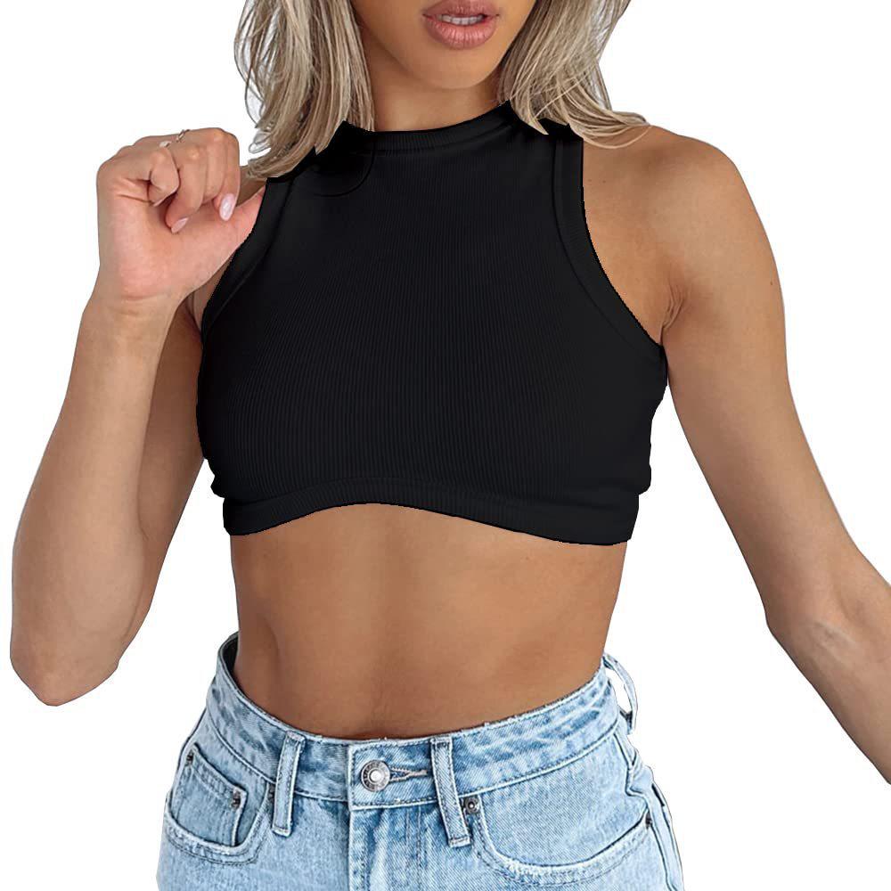 Dámský crop top bez rukávů z žebrovaného úpletu - Sexy styl s kulatým výstřihem
