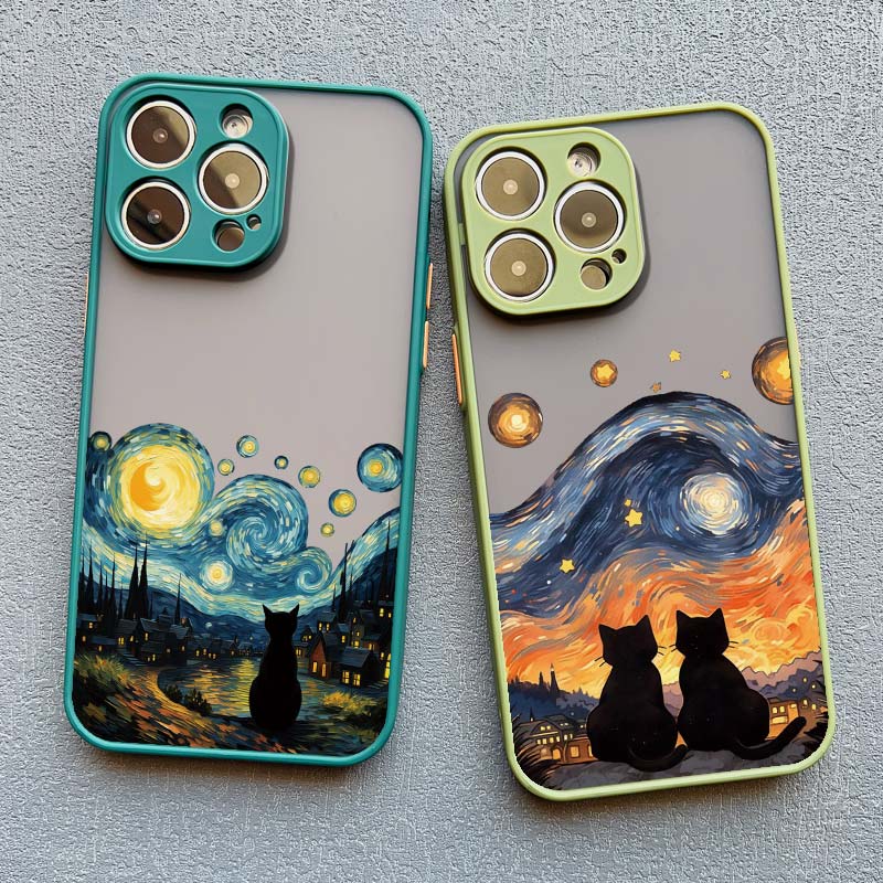 Starry Sky Cat Phone Case for iPhone 16 15 14 Pro Max 13 12 Mini 11 Pro Max XR XS X 8 7 Plus SE 2020 Shockproof Back Cover Funda
