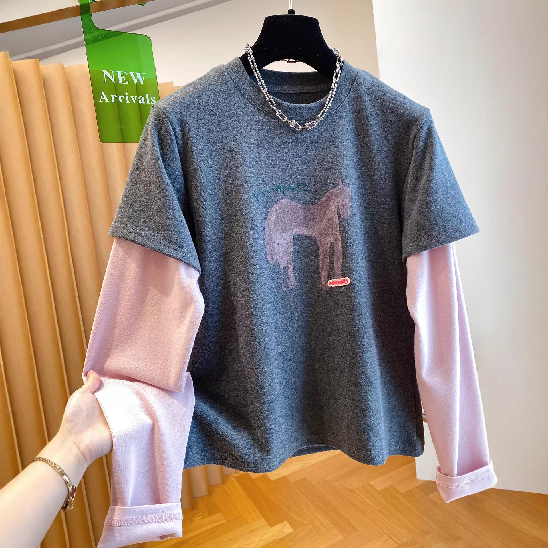

Premium Horse Print Two-Piece Illusion Long Sleeve T-shirt for Women - 2026 Spring Collection, Loose Fit, Versatile Round Neck Top 4XL 210-250 lbs сірий колір
