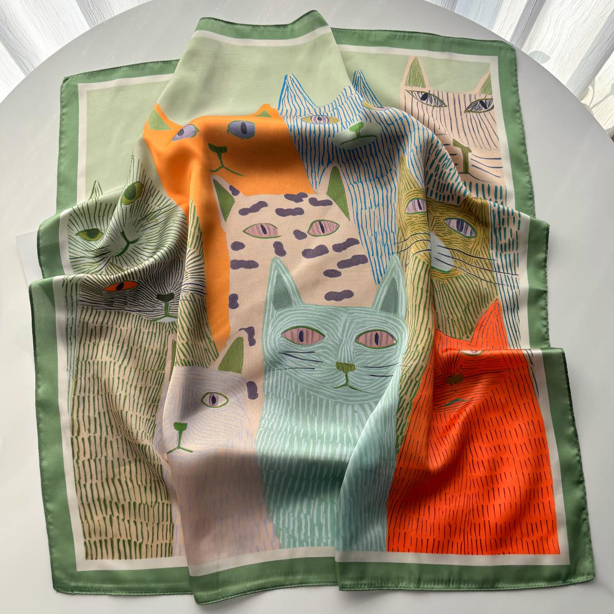 

Luxury Square Scarf For Women Elegant Cute Cat Print Ladies Hijab Neckerchief Shawl For Travel Soft Stain Imitation Silk Scarves