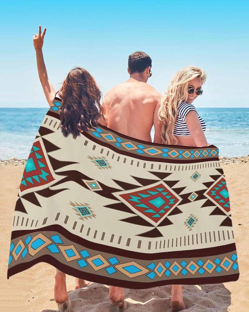 Abstrakter aztekischer Stammes-Totem-Badetuch aus weicher Mikrofaser, schnell trocknend, saugfähig, Retro-Braun-Blau-Grün Geometrische Stranddecke für