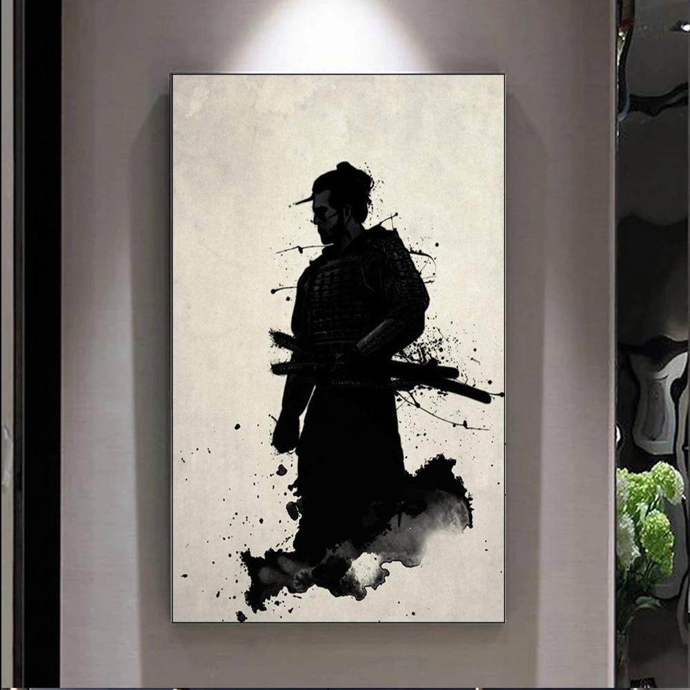 Black and White Japanese Black Samurai Man with Crow Posters and Print Wall Art Canvas Painting for Living Room Cuadros Decor 60 X 40 Cm