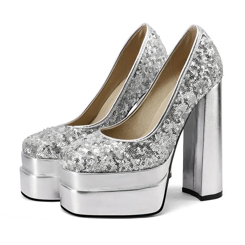 

Блестящие женские туфли с пайетками на платформе, туфли для платья, роскошные, с блестками, на массивном блочном каблуке для выпускного вечера, вечеринки, свадьбы 43 серебряный