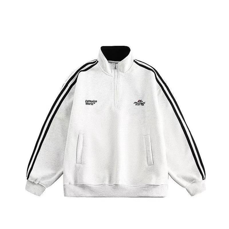 Men s Retro Sporty Style Half Zip Striped Sleeve Letter Embroidered Sweatshirt M