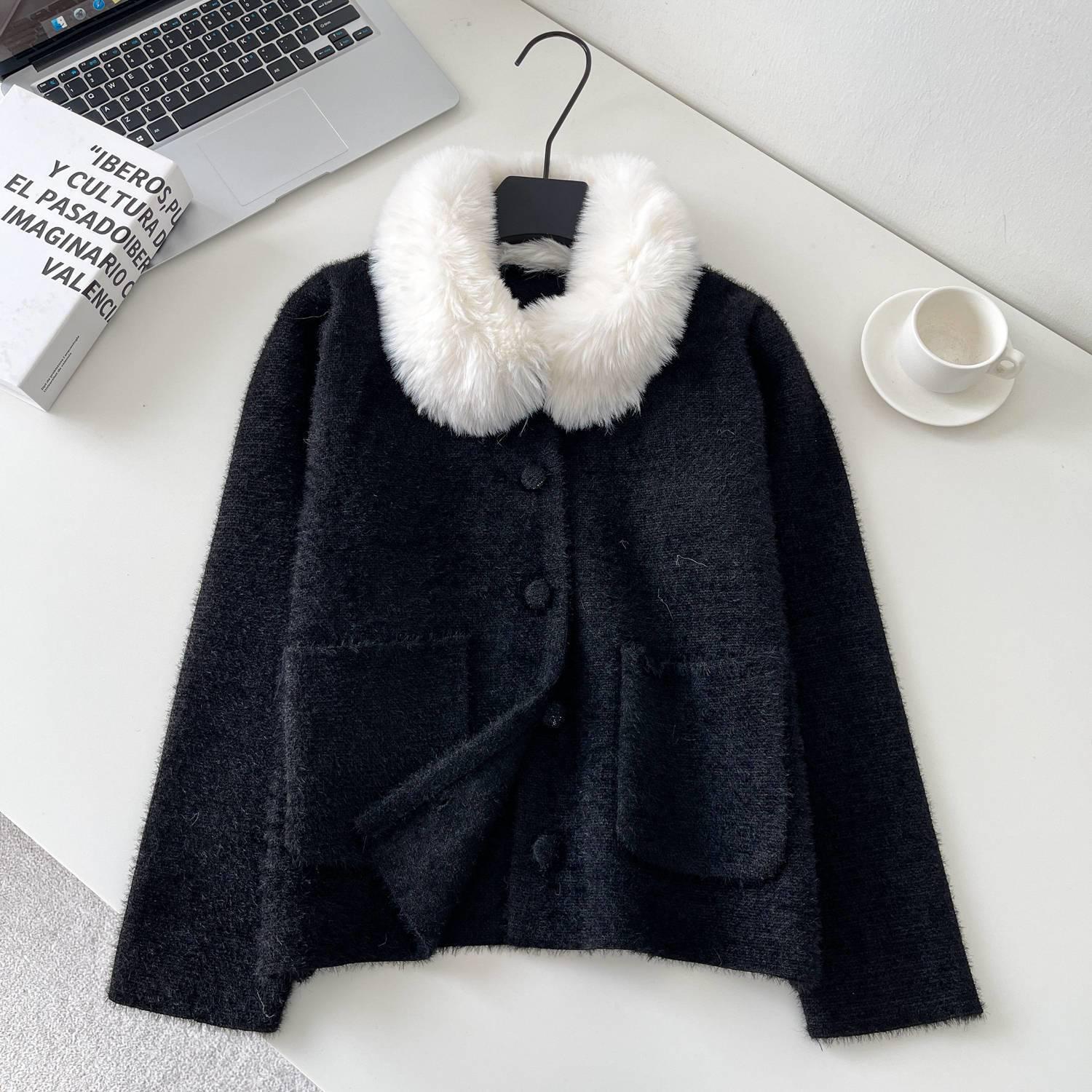 

Petite Style Fur Collar Knit Cardigan - Women s Loose Casual Long Sleeve Top One Size чёрный