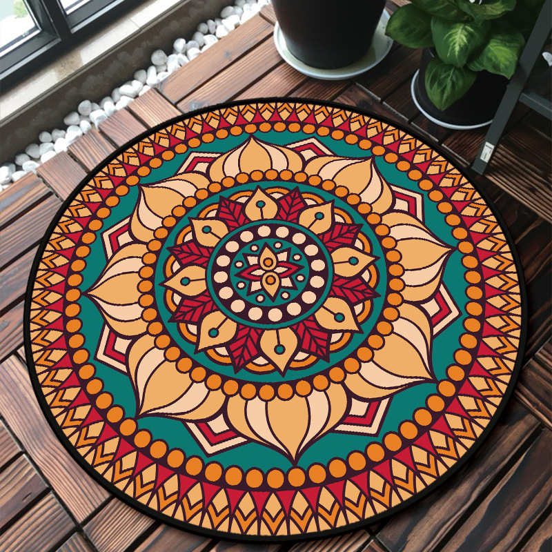 Floor Carpet Anti-Slip Door Mat Ethnic Style Round Mandala Carpet Living Room Bedroom Carpet Room Decoration Chair Mat
