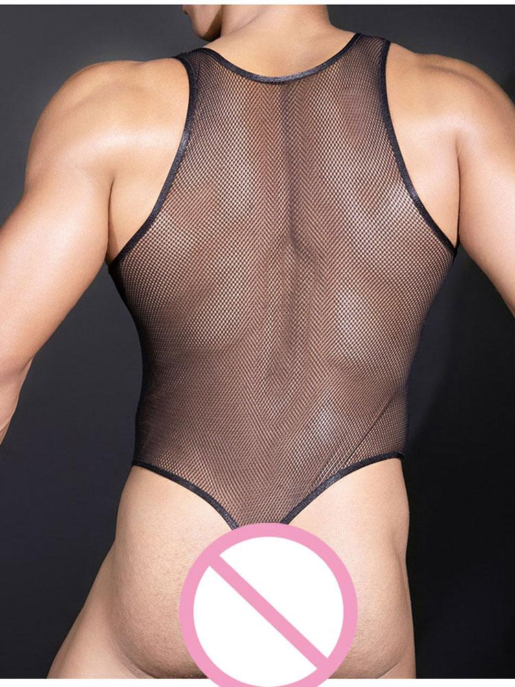 Men Mesh Bodysuit Tops Sheer Transparent Vest Buckle Open Crotch Sexy Sissy Sleeveless Tops Man Allure Tights Breathable Shaping