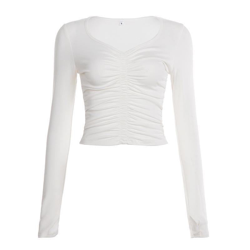 

Autumn Arrival: Niche Design Ruched V-neck Waist-cinching Long-sleeve T-shirt - Solid Color, Simple Inner Layer. Large