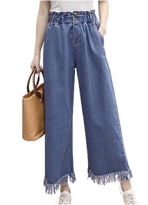 Denim Gaucho Pants with Side Elastic and Navy Blue with Distressed Perfect for and Comfortable and Perfect for Spring and Cute and Perfect for