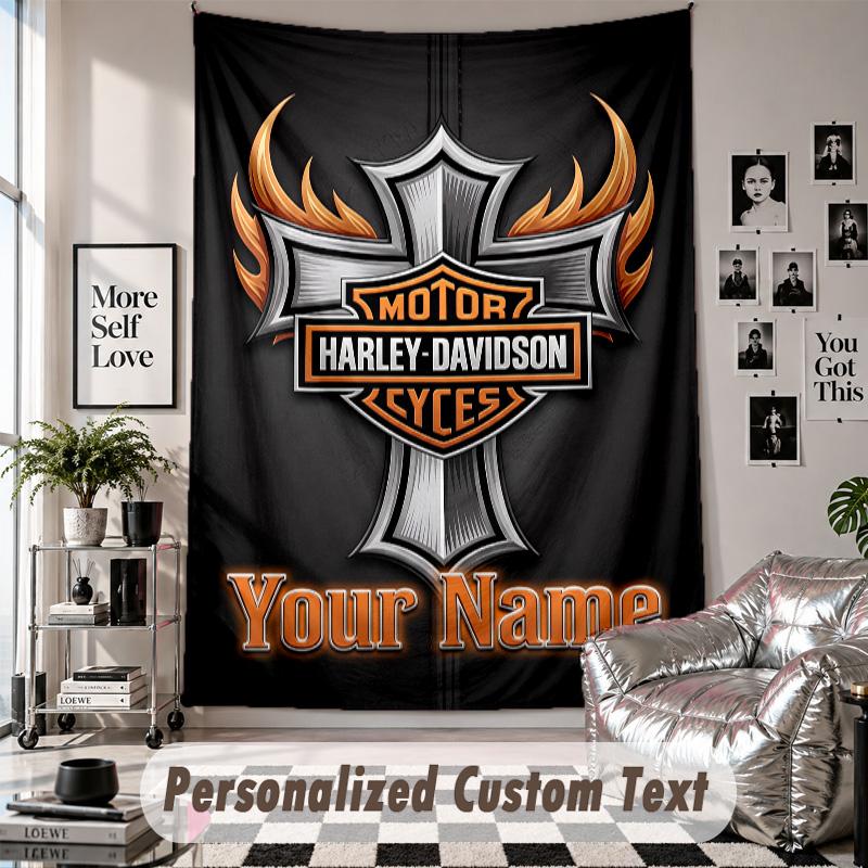Arazzo da Appendere alla Parete con Nome e Testo Personalizzati, Arazzo Decorativo Harley-Davidson per Camera da Letto
