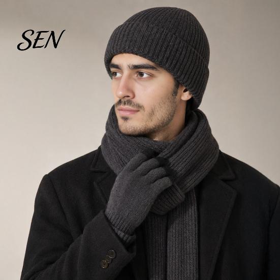 Soft Non Scratchy Winter Warmth Kit Men Knitted Hat Scarf Gloves Set, Solid Color Beanies, Warm Comfortable Windproof Knit for Daily Commute