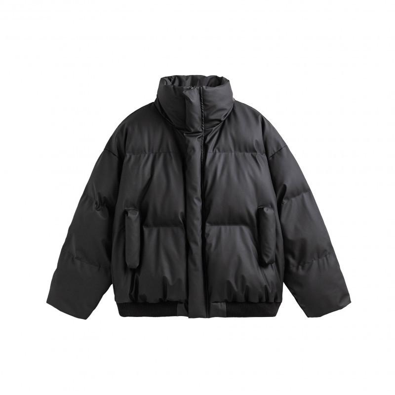 Unisex Frosted PU Leather Puffer Jacket: Winter Heavyweight Stand-up Collar, Thick Warm Loose Fit, Casual Outerwear for Men and Women.