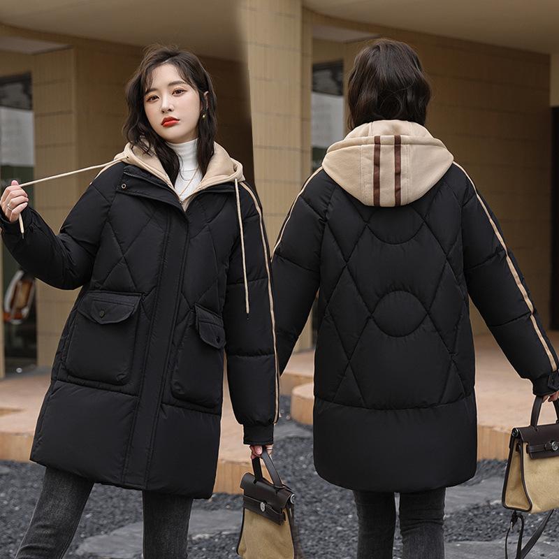 Down cotton jacket women's mid-length winter 2025 new cotton jacket fake two loose bread jackets thickened padded jackets